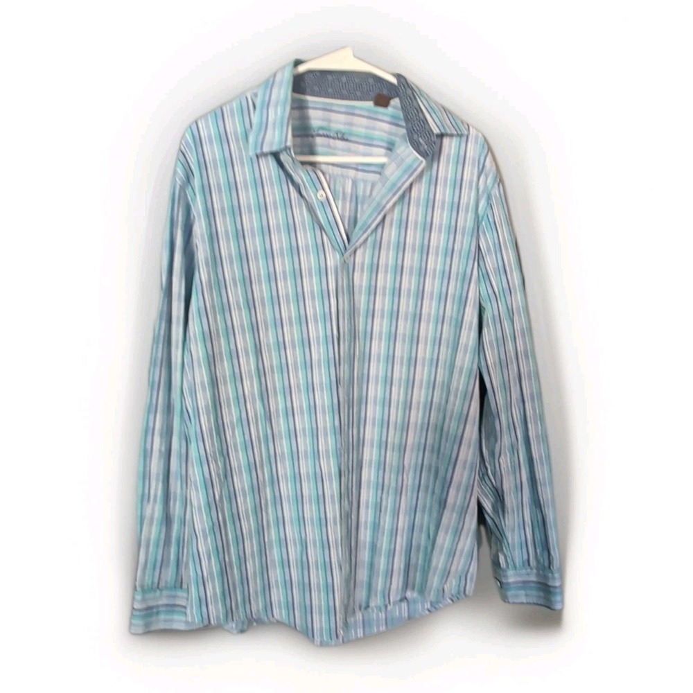 Tasso Elba Mens Large L Light Blue White Stripe Dress Shirt 100% Cotton Luxury